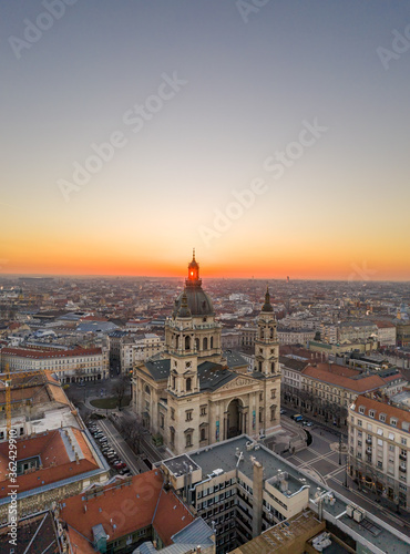 Aerial drone shot of St. Stephen Basilica at Budapest dawn sunrise in morning