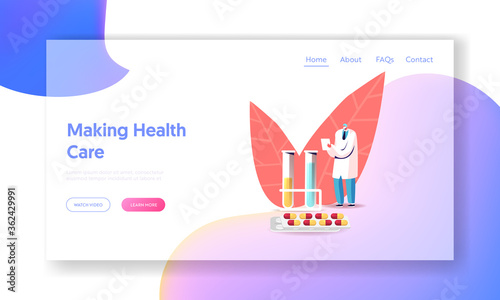 Pharmacy, Hospital Healthcare Landing Page Template. Male Doctor Pharmacist in Medical Robe and Mask Writing at Huge Flasks and Pills. Medicine Tablets Producing Industry. Cartoon Vector Illustration
