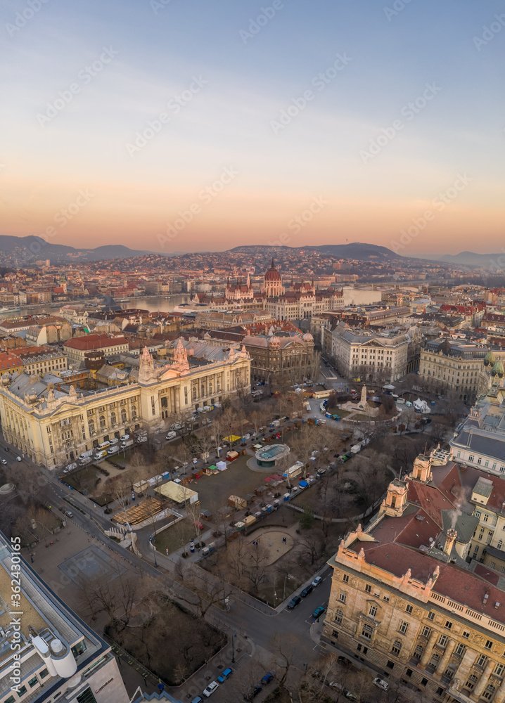 Aerial drone shot of liberty square with Parliament before Budapest sunrise