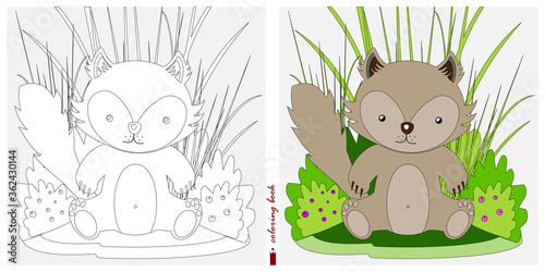 Black-and-white and color images for a color book. Contour drawing with children's themes. In a clearing among reeds and ferns sits a wolf Cub. For color books, children's prints, postcards.