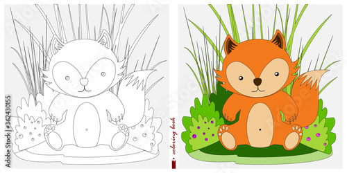 Black-and-white and color images for a color book. Contour drawing with children's themes. A Fox cub sits in a clearing among reeds and ferns. For color books, children's prints, postcards.
