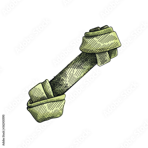 Colorful watercolor Hand-drawn sketch of knotted dog bone on a white background. Dog bone for chewing. Pet supplies. Care for home animals.	
