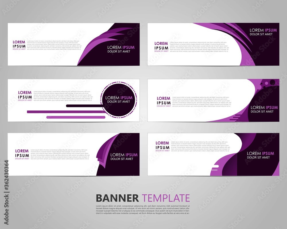 Set six Business Vector abstract purple banner design template. Collection of web banner template. Abstract banner template. can used for header, footer, layout, letterhed, landing page
