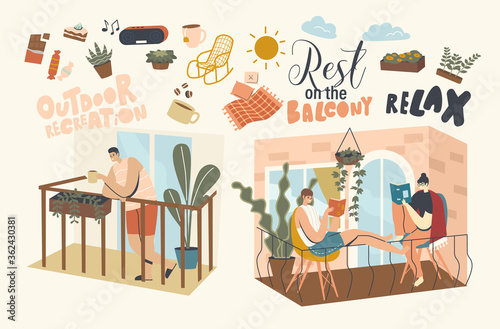 People Relaxing and Spend Time on Balconies. Characters Stay Home During Coronavirus Pandemic Isolation. Neighbors in their Apartments Spend Time Reading, Drinking Coffee. Linear Vector Illustration