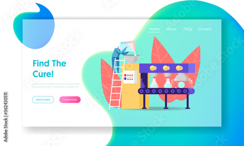 Pharmaceutical Industry Medical Drugs Production Landing Page Template. Tiny Pharmacist Character Pouring Liquid in Huge Conveyor with Glass Beakers Producing Pills. Cartoon Vector Illustration