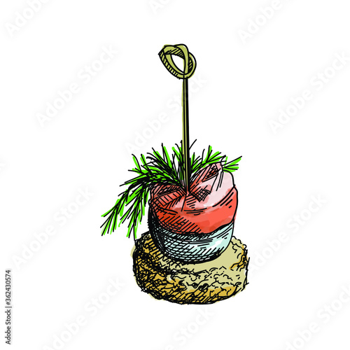 Colorful watercolor Hand-drawn sketch of canape. Shrimp, tomato and bread with dill	
