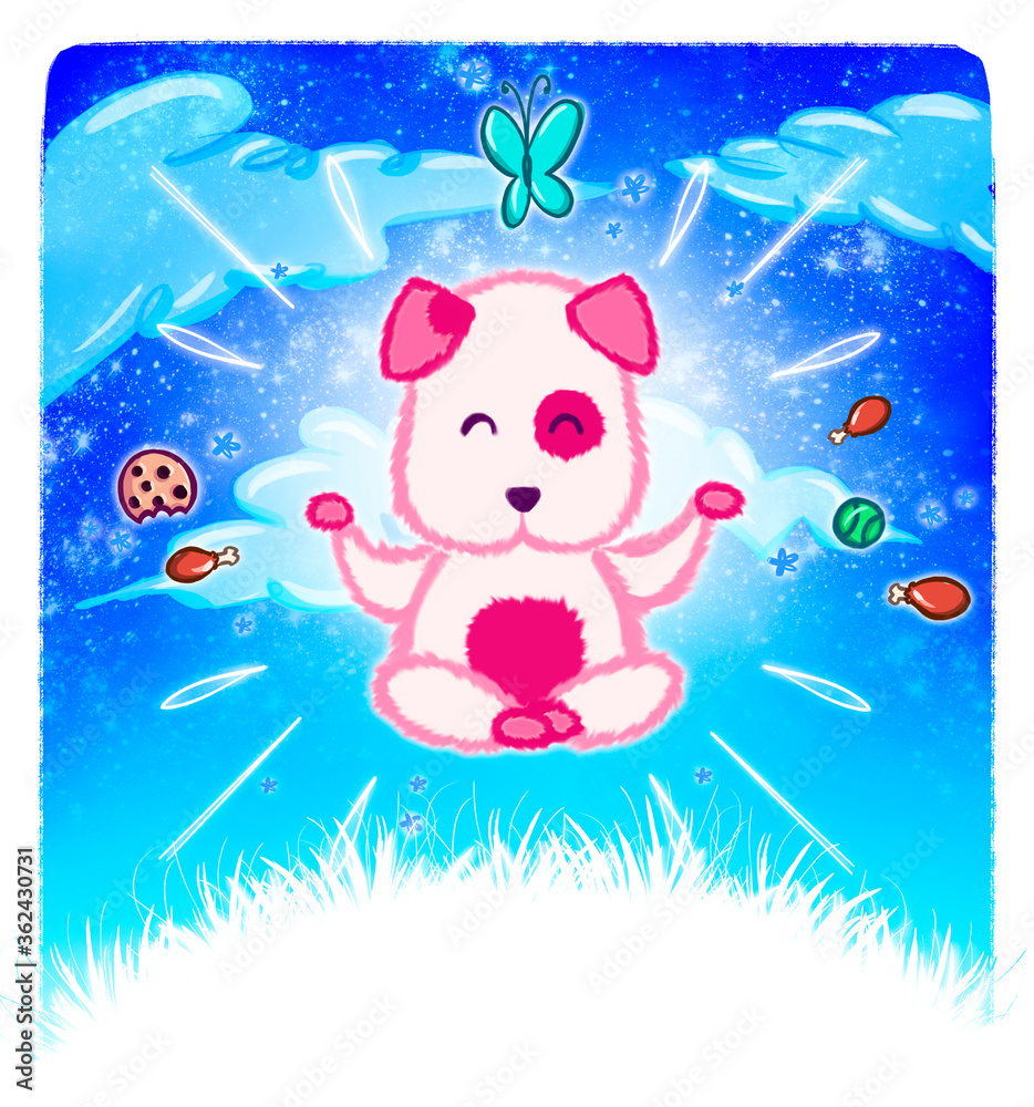 Fototapeta premium Cute puppy doing yoga. Adorable dog illustration. Puppy floating in the sky. All dogs Go to Heaven. I love dogs. Happy puppy. Lotus pose.