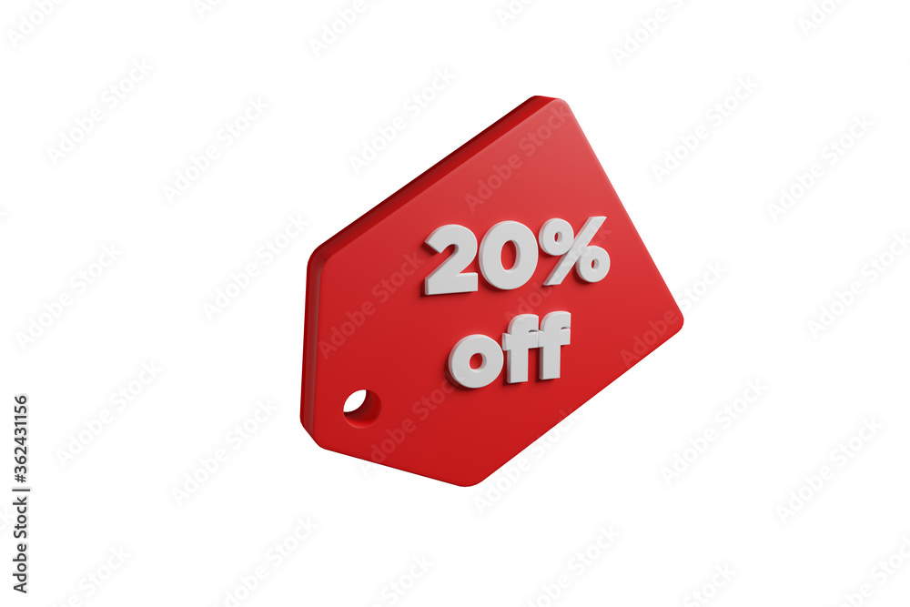 Red label with the legend 20 percent off isolated on white background. 3d illustration. Red label with the legend 20 percent off isolated on white background. 3d illustration.