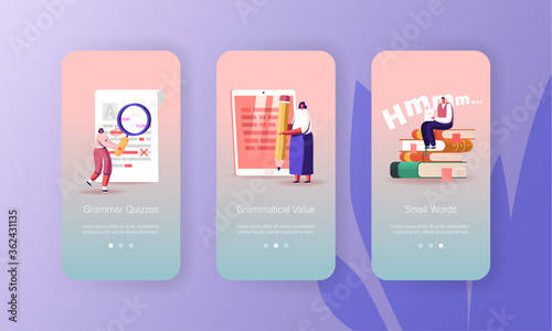 Proofreading, Grammar Test Mobile App Page Onboard Screen Template. Tiny Characters Read text on Sheet and Tablet Pc with Red Errors Highlighting, Mistakes Concept. Cartoon People Vector Illustration