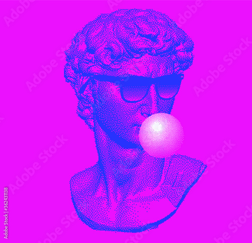 Classical bust sculpture chewing bubblegum and wearing sunglasses. 3D rendering of Michelangelo's David head in pixel art retro 8-bit style. Retrowave and vaporwave aesthetics of 80's-90's.