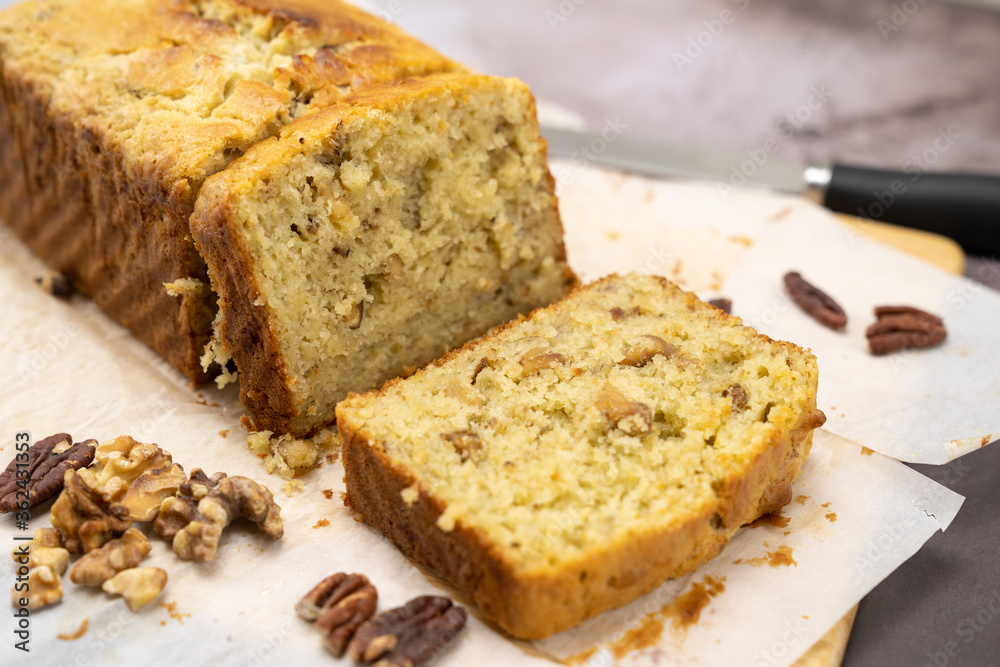 Homemade banana walnut loaf or pound cake ready to be served