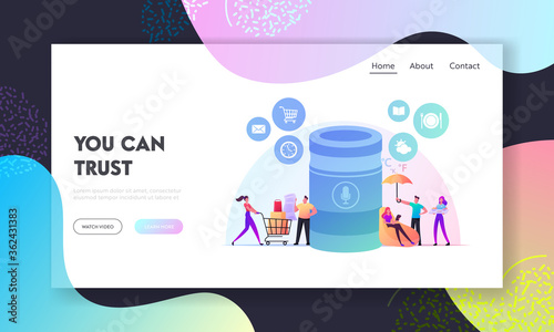 Smart Speaker Landing Page Template. Home Assistant Intelligence Technology. Tiny Characters at Huge Smart Column with Voice Execute Command, Internet of Things. Cartoon People Vector Illustration