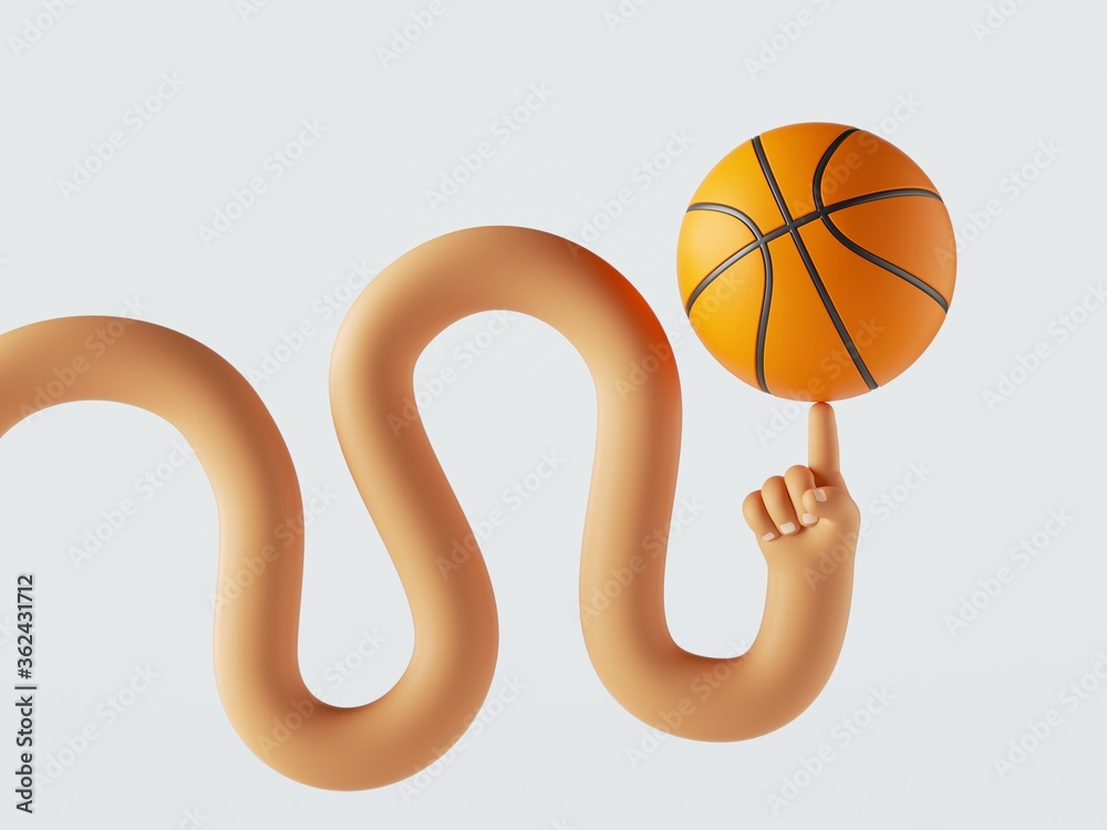 3d render, cartoon character wavy hand spins ball on a finger, isolated on white background. Basketball player. Sport clip art