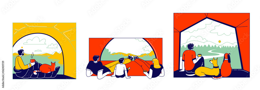 Tent View Concept. Tourists Characters Family with Child and Man with Pets Sitting inside of Camping Tent Looking Outside in Beautiful Picturesque Nature Landscape. Linear People Vector Illustration