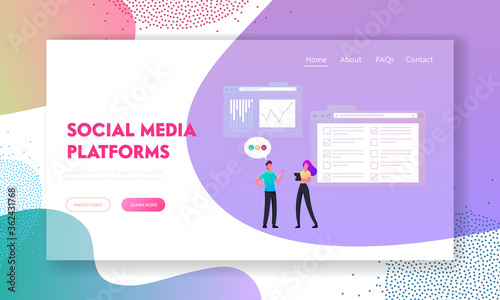 Character Express Society Opinion Landing Page Template. Woman Conduct Voters Questionnaire Collecting Social Statistics before Poll. Presidential Election, Polling. Cartoon People Vector Illustration