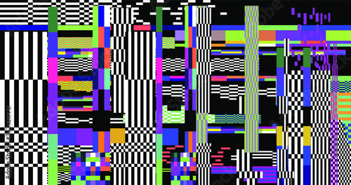 Glitch datamoshing camera effect. Retro VHS background like in old video tape rewind or no signal TV screen. Vaporwave and retrowave style vector illustration.