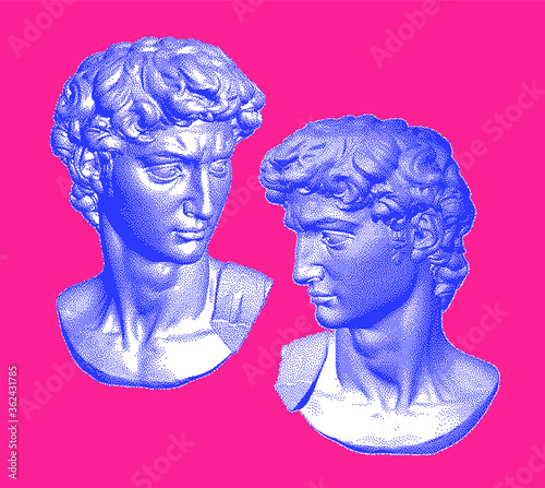 Set of Classical bust sculptures. 3D rendering of Michelangelo's David head in pixel art retro 8-bit style. Retrowave and vaporwave aesthetics of 80's-90's.