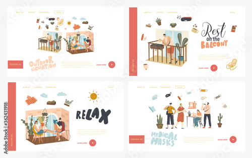 People Relax on Balconies and Wearing Medical Masks Landing Page Template Set. Characters Stay Home During Covid19 Isolation. Neighbors Spend Time Reading  Drinking Coffee. Linear Vector Illustration