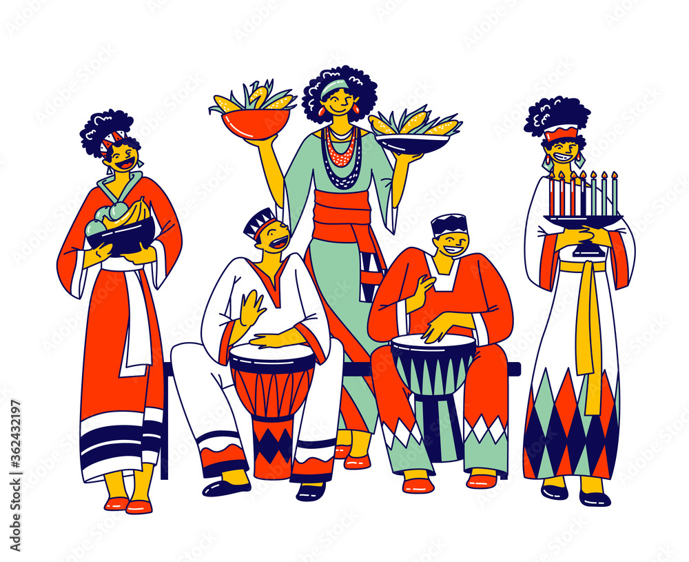 Kwanzaa Celebration. African Characters in National Costumes Playing Drums, Carry Traditional Meals and Candles. Annual Celebration of African-american Culture. Linear Vector People Illustration