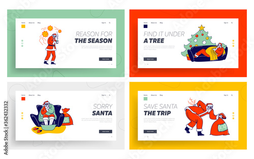 Sick Santa Claus Landing Page Template Set. Character Wrapped in Blanket Soar Feet, Vomit, Radiculitis Illness, Sneezing. Unhappy Grandfather Have Flu Lying on Sofa. Linear People Vector Illustration