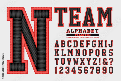 A Collegiate or Sports Styled Alphabet with Embroidered Thread Effects; This Font is Suited to Sports Team Names and Collegiate Wear photo