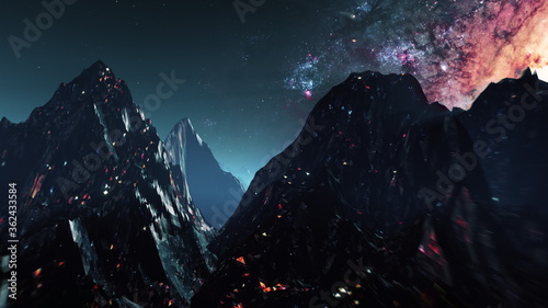 Slika na platnu Futuristic mountain landscape flight seamless loop
