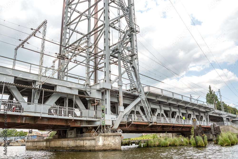 Kaliningrad-Russia-June 25, 2020: Two-tier bridge over the Pregolya river in Kaliningrad. Kaliningrad-Russia-June 25, 2020: Two-tier bridge over the Pregolya river in Kaliningrad.