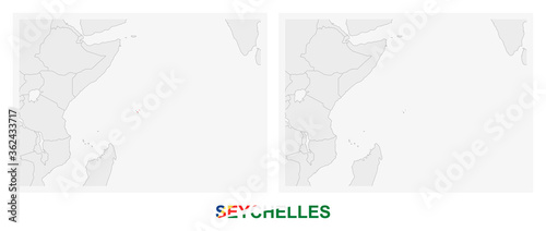 Two versions of the map of Seychelles, with the flag of Seychelles and highlighted in dark grey.