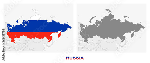 Two versions of the map of Russia, with the flag of Russia and highlighted in dark grey.