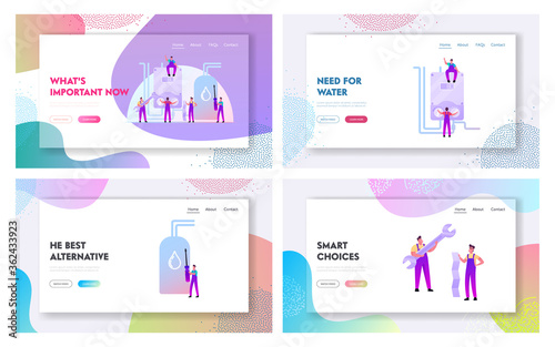Handymen Characters Install Smart Heater Landing Page Template Set. Husband for an Hour, Repair Service, Fixing Broken Technics. Electrician Call Master at Work. Cartoon People Vector Illustration