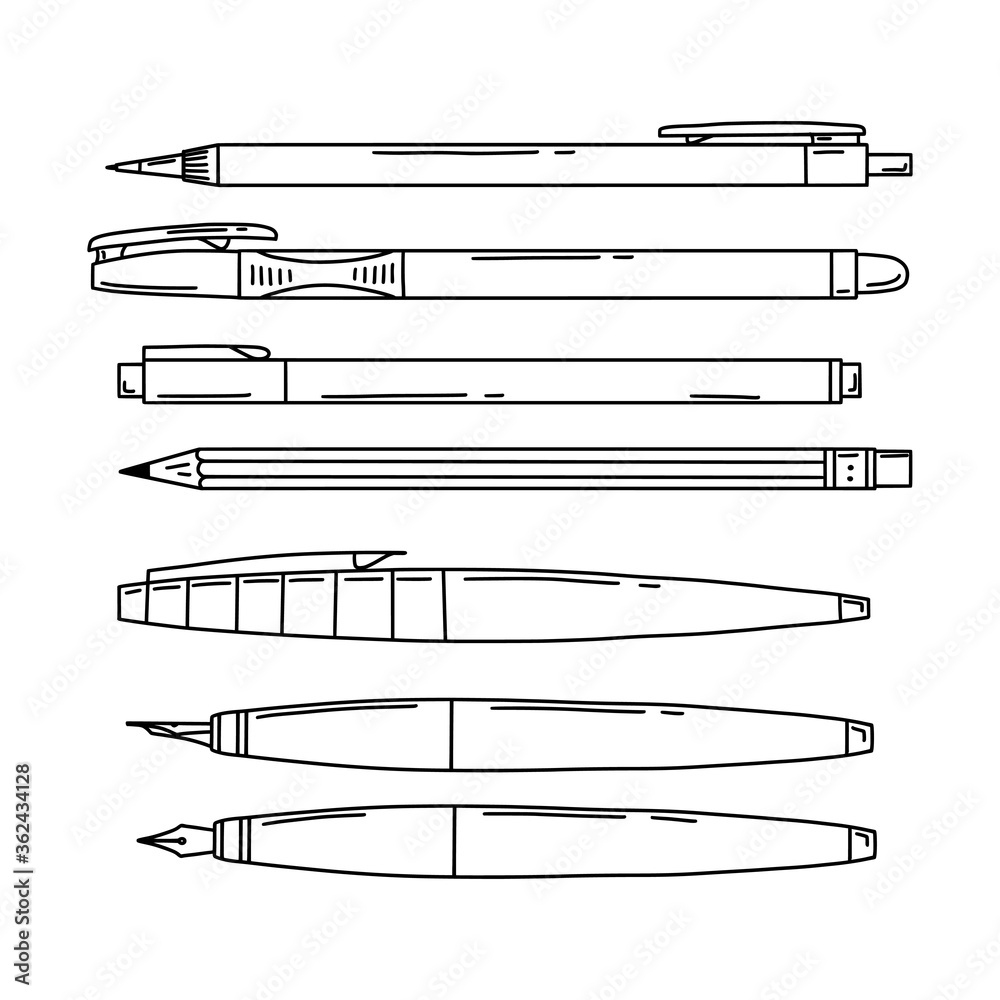Set of pens, automatic and regular pencils, calligraphy pen. Stationery for writing and drawing. School supplies. Black and white vector. Doodle style. Hand - drawn isolated on a white background.