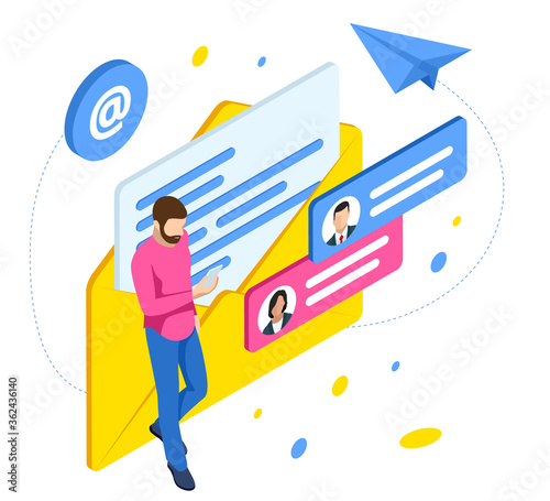 Isometric man at desktop chatting with friends online. online chat notices, online communication.