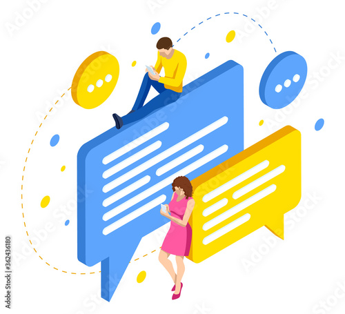 Isometric man and woman at desktop chatting with friends online. online chat notices, online communication.