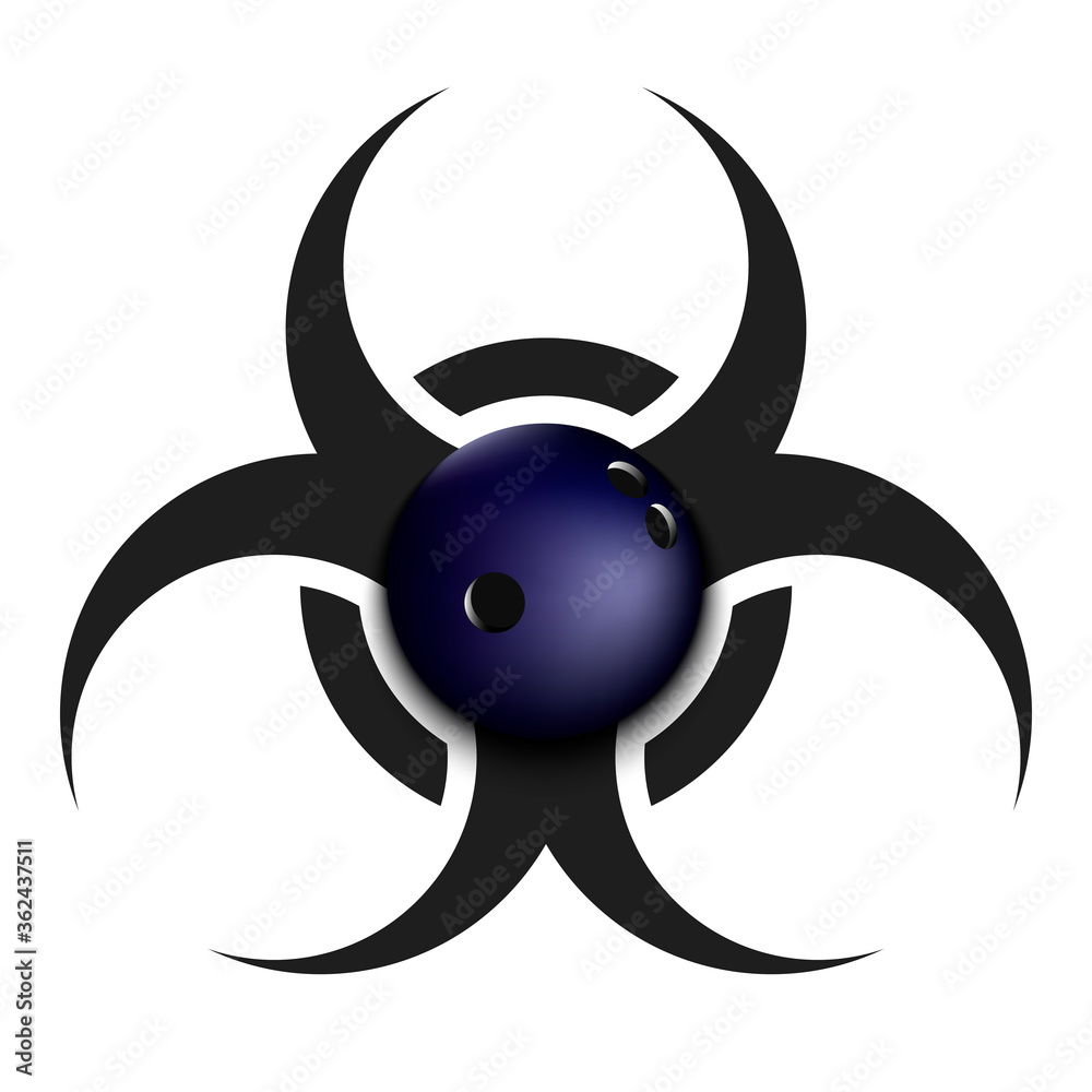 Biohazard symbol with bowling ball. Caution biological danger toxic sign. Bowling quarantined. Cancellation of sports tournaments. Vector illustration Biohazard symbol with bowling ball. Caution biological danger toxic sign. Bowling quarantined. Cancellation of sports tournaments. Vector illustration