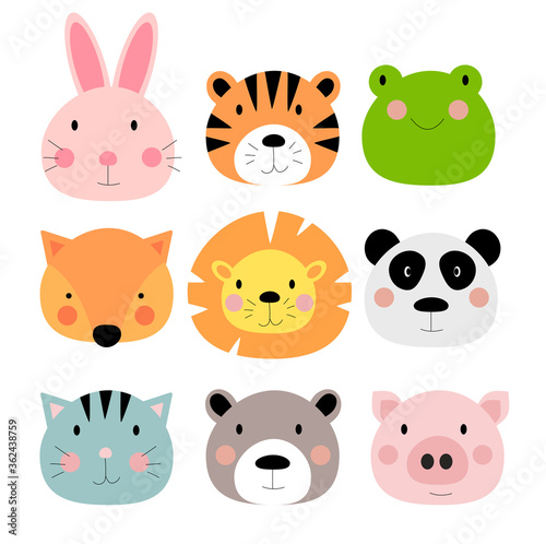 Cute hand drawn animals characters collection set. Cartoon zoo animals: hare, tiger, frog, fox, lion, panda, cat, bear, pig