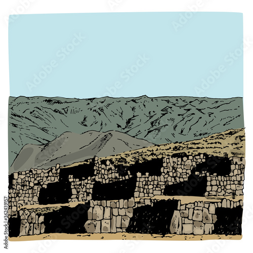 Isolated vector illustration. View of Sacsayhuaman in Peru. Ancient Andean citadel of Inca Indians near Cuzco. Hand drawn art.
