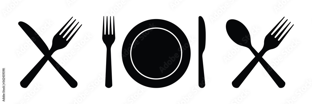 Plate, fork, knife, spoon. Cutlery icons for dinner. Set of silverware for lunch, breakfast. Food and eat symbol. Utensil for kitchen, dining at home. Logo of banquet, cafeteria, gastronomy. Vector Plate, fork, knife, spoon. Cutlery icons for dinner. Set of silverware for lunch, breakfast. Food and eat symbol. Utensil for kitchen, dining at home. Logo of banquet, cafeteria, gastronomy. Vector