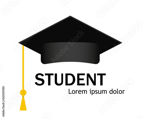Cap icon. Hat of student. Education in university and college. graduate of academy with diploma and degree. Cap with tassel for master, professor and bachelor. Logo for study in school. Vector