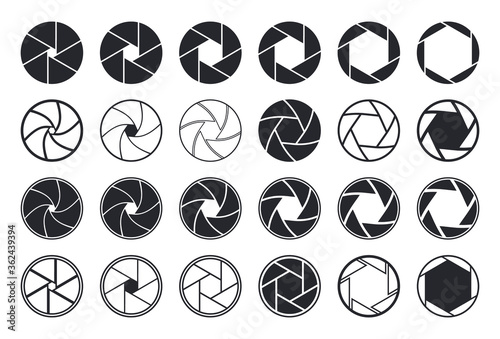 Camera shutter icons. Aperture and lens for focus. Photo optics. Diaphragm, objective, zoom-snap of photograph. Logos of photography studio, film, picture. Symbol for photo, video equipment. Vector