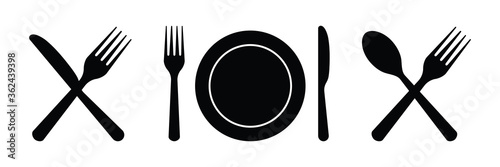 Plate, fork, knife, spoon. Cutlery icons for dinner. Set of silverware for lunch, breakfast. Food and eat symbol. Utensil for kitchen, dining at home. Logo of banquet, cafeteria, gastronomy. Vector