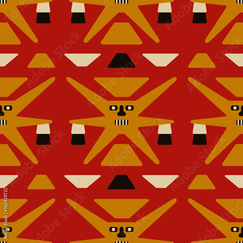 Seamless geometrical pattern with  funny anthropomorphic suns or stars. Pre Columbian native american art of Nazca or Nasca Indians of ancient Peru. Andean textile.