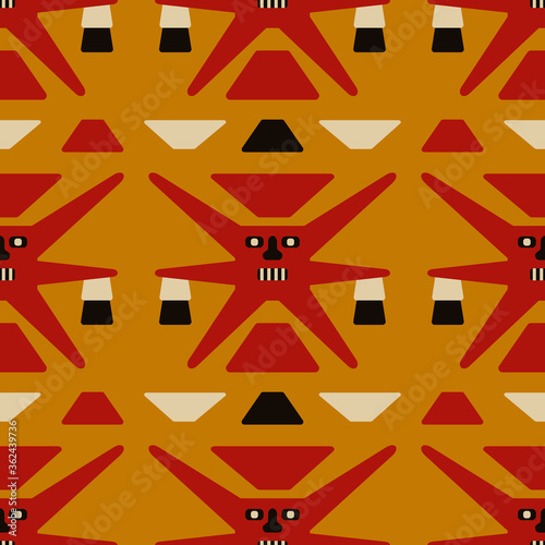 Seamless geometrical pattern with funny anthropomorphic suns or stars. Pre Columbian native american art of Nazca or Nasca Indians of ancient Peru. Andean textile.
