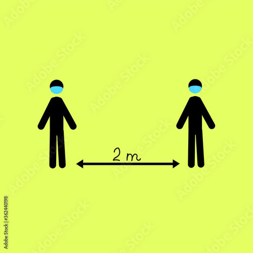 Social distancing. Keep a distance of 2 meters. Pin. Stick a man in an antiviral medical mask keeps his distance. Be safe.