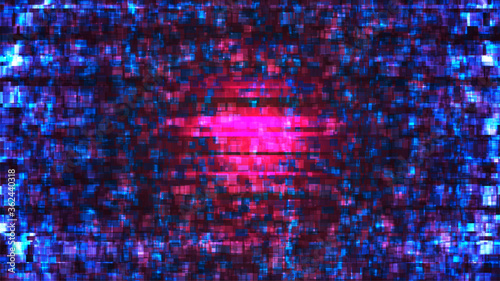 Cyberpunk glitch background. Digital distortion or noise pattern. Bad signal. Damaged screen. Cyber error concept. Pink and blue wallpaper. Dark banner design template. Stock vector illustration
