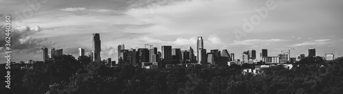 Black and White Panorama of Downtown Austin Skyline With Clouds From the West