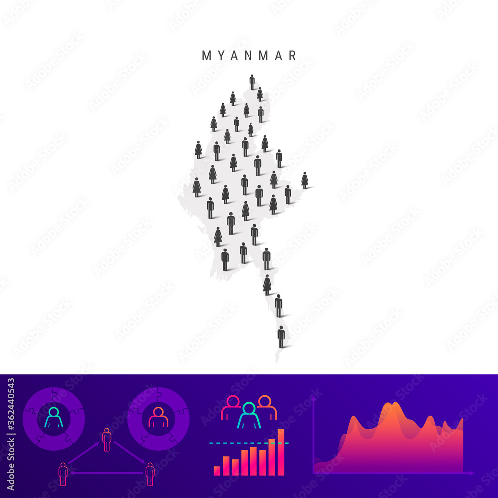 Myanmar people map. Detailed vector silhouette. Mixed crowd of men and women. Population infographic elements