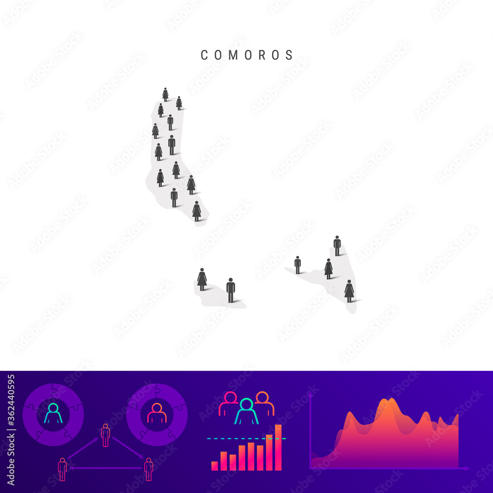 Comoros people map. Detailed vector silhouette. Mixed crowd of men and women. Population infographic elements