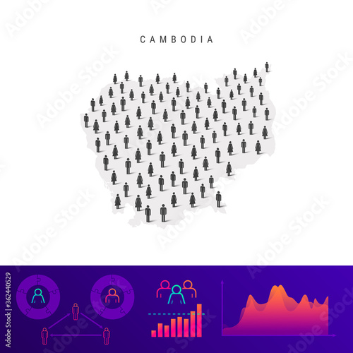 Cambodia people map. Detailed vector silhouette. Mixed crowd of men and women. Population infographic elements