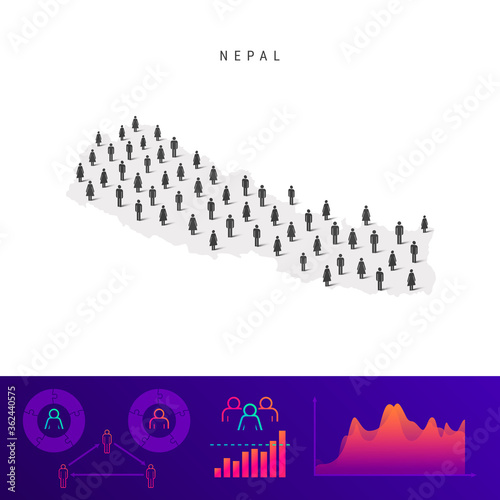 Nepal people map. Detailed vector silhouette. Mixed crowd of men and women. Population infographic elements