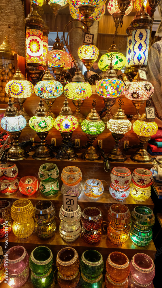colourful lanterns and trinkets at a market stall